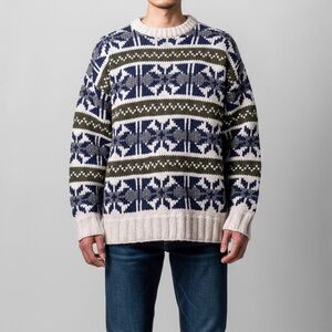Vintage 100% Wool Scandi Nordic Sweater Cabincore Apres Ski Blue Cream Fair Isle